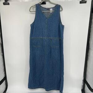 VTG 90s Erika & Co. Denim Jumper Dress Womens M Cottage Teacher Cotton Pockets